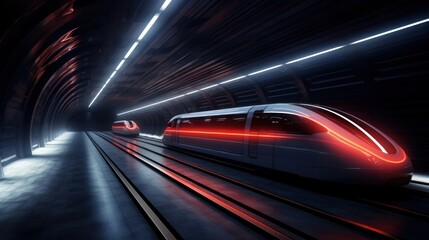 An underground railway tunnel with a sleek, high-speed train traveling through, showing the illuminated walls and ceiling, conveying a sense of speed and motion.