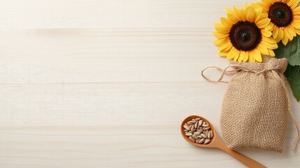 Naklejka premium Sunflower seeds in a rustic jute bag with a wooden spoon on a weathered table surrounded by vibrant sunflowers