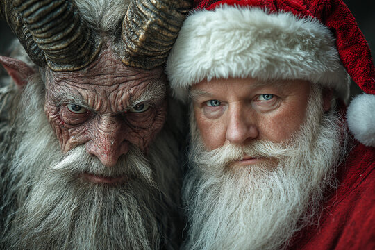 Generative AI depiction of evil horror Santa Claus and his sinister alter ego in a dark Christmas theme
