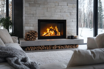 Fototapeta premium Minimalist living room interior with with burning fire in modern fireplace 