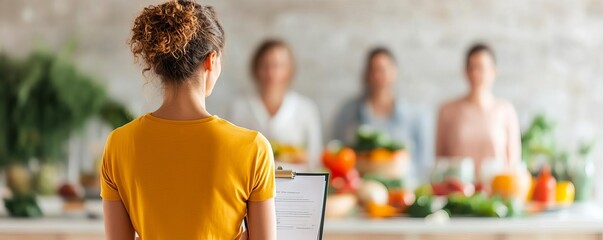 Dietitian giving a group seminar on healthy eating, nutrition education, group health