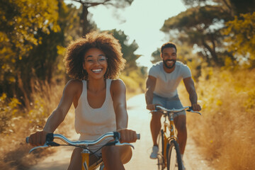 a couple riding bikes together on a scenic path, enjoying an active lifestyle