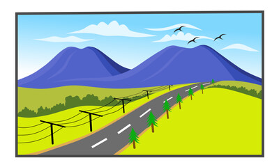 Fototapeta premium Vector illustration of a beautiful rural road scenery crossing green fields with mountains in the background, power lines on the side of the road and birds flying in the blue sky.