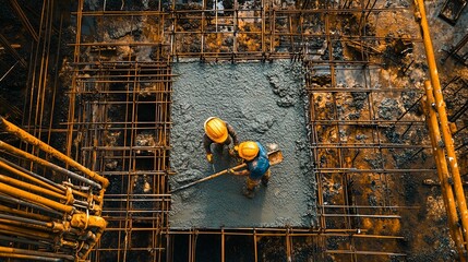 Construction Workers Pouring Concrete Into Rebar Framework