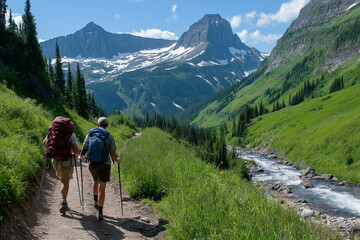 Fototapeta premium a group of friends hiking up a mountain trail on a sunny day