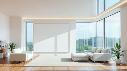 Fototapeta premium Modern Minimalist Living Room with Large Windows Overlooking Scenic Nature, Perfect for Relaxation and Inspiration