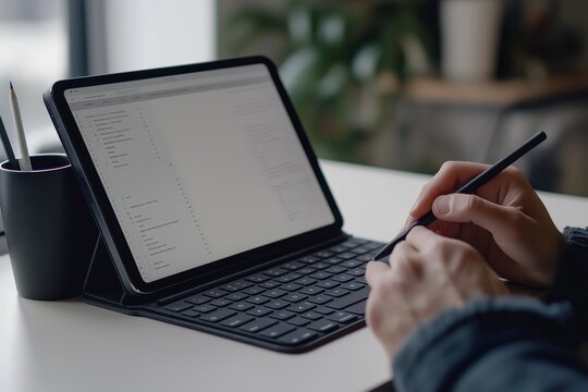 The Modern Workspace combines productivityenhancing tools like a tablet paired with a stylus, providing an efficient and flexible environment for professionals to focus on their tasks effectively
