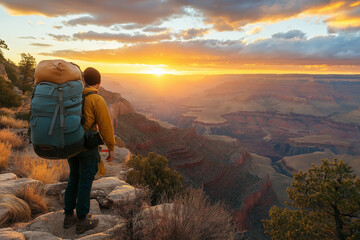 Fototapeta premium a solo traveler with a large backpack looking over a canyon at sunrise