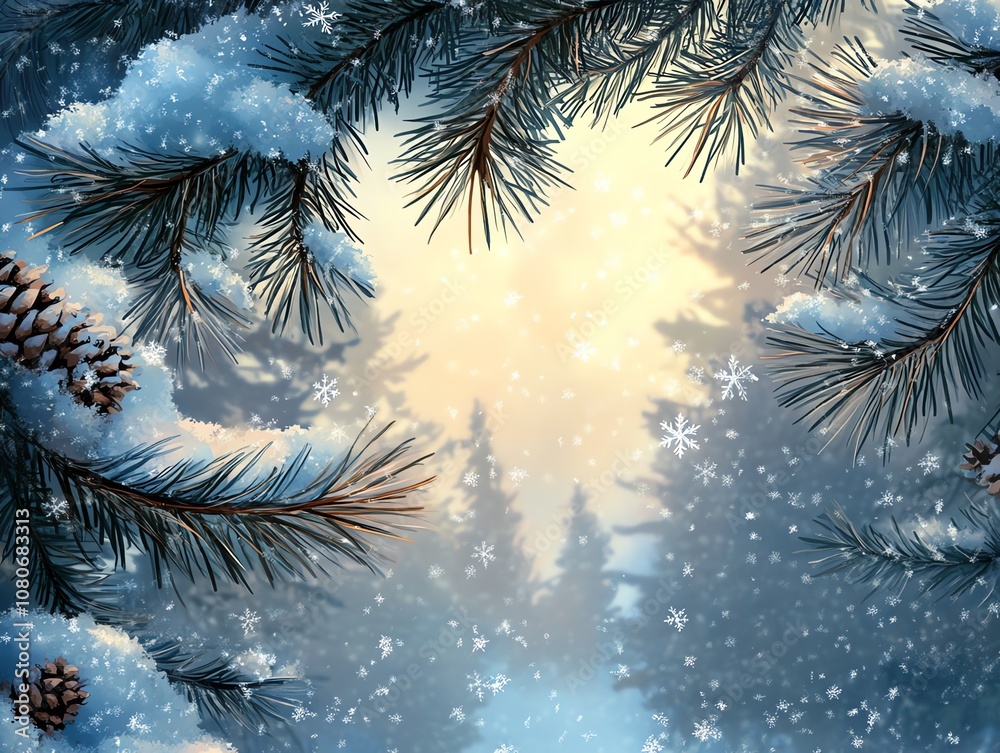 Poster a snowy forest scene with pine branches in the foreground and a sunlit forest in the background.