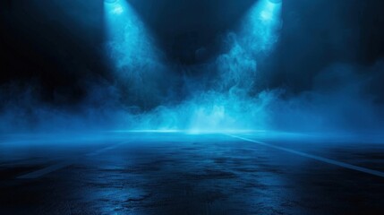 Dramatic blue foggy stage with spotlight illumination and smoky atmosphere