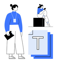 Young professional with clipboard and worker sitting on block using phone, next to document stack. Ideal for teamwork, communication, multitasking, office dynamics, business, productivity, youth