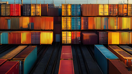 Fototapeta premium Golden sunlight reflects off colorful shipping containers, neatly arranged along railway tracks, symbolizing global trade and synchronized logistics.