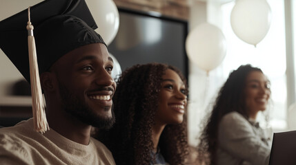 Family Celebrating E Learning Graduation at Home with Balloons