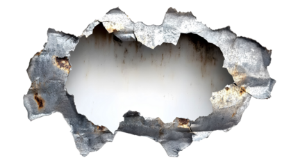 ragged hole torn in ripped steel metal transparent background 