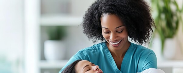 Midwife comforting a laboring woman, calm and reassuring, labor support, care