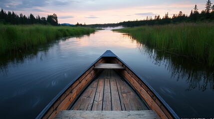 Fototapeta premium A serene view from a boat navigating through tranquil waters, surrounded by lush greenery and featuring a beautiful sunset sky.