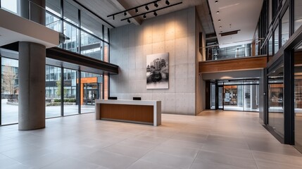 Obraz premium Modern office lobby with large glass windows, minimalist reception desk, concrete walls, and artwork decoration, featuring track lighting and open layout.