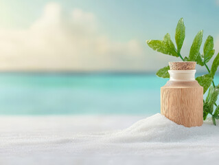 Natural wellness product on white sand with subtle lighting, featuring wooden container and green leaves, evoking serene beach atmosphere