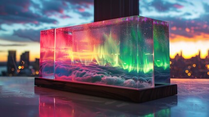 A clear resin block with a colorful aurora borealis inside. The block is on a wooden base and the backdrop is a city skyline at sunset.