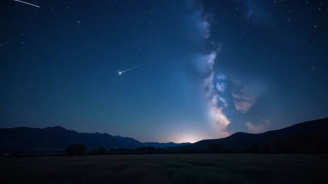 Stunning night sky with milky way and shooting star over mountain landscape