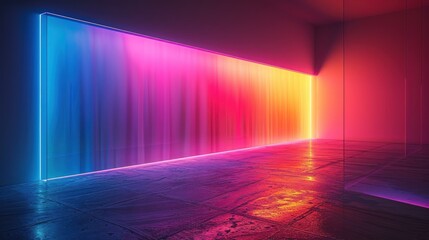 A modern room with a vibrant neon light wall and a glass wall. The light wall is made up of multiple neon colors including blue, purple, pink, orange and yellow. 