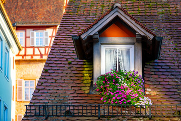 Small skylight in a dormer window of a historic half-timbered house with red tiles in the old town of Schwäbisch Hall (Germany). Romantic still life with colorful sunlit floral decoration.