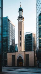 Fototapeta premium A mosque stands amid modern skyscrapers, showcasing architectural contrast and cultural significance.