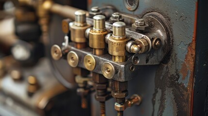 Fototapeta premium Close-up of an old, rusty machine with brass valves and nuts.