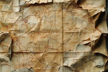 An ancient map with worn edges tells stories of exploration. It invites the viewer to uncover hidden paths. Every crease holds a memory. Generative AI.