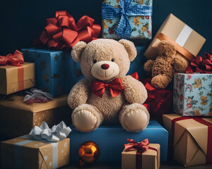 A collection of gift boxes with a plush teddy bear in the center, celebrating Safe Toys Month
