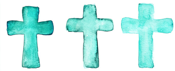 Fototapeta premium Christian border: watercolor blue crosses on white background