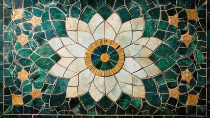 Intricate mosaic design with green and white floral pattern in ancient style
