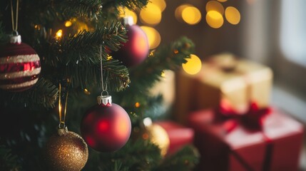 Beautifully decorated Christmas tree with glowing lights and colorful ornaments, presents arranged underneath