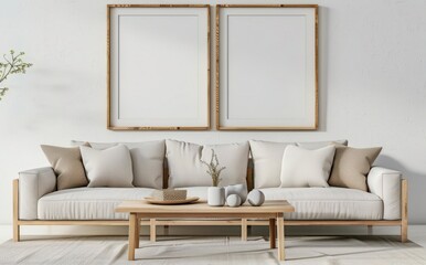 Minimalist living room interior with white sofa. wooden frames. and a plant in a woven basket