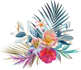 Bouquet of tropical flowers. Hibiscus, orchid, heavenly flowers, palm tree, monstera, eucalyptus. exotic, tropical