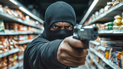A man in a balaclava threatens a grocery store with a gun during a robbery in a tense, close-up shot captured with a wide-angle lens