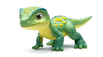 Obraz premium Green and yellow plastic dinosaur toy standing on white background