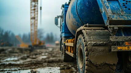 Obraz premium Mud-Covered Construction Truck Tire Close-Up