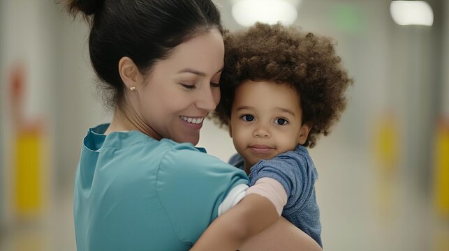 Pediatric nurse comforting a child before a vaccination, children s healthcare, trust