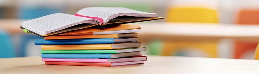 Fototapeta premium A stack of colorful notebooks on a table in a classroom setting, creating an inviting study atmosphere.
