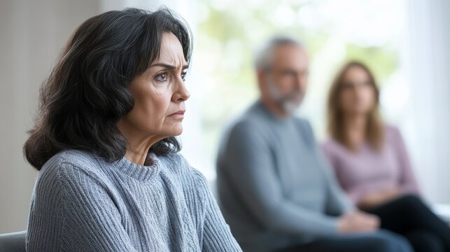 Upset mature woman attending group therapy session, feeling frustrated and angry while listening to other patients sharing their problems - Powered by Adobe