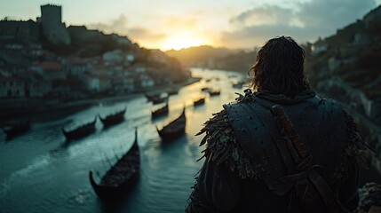 Fototapeta premium Medieval Warrior Overlooking Viking Ships at Sunrise, Cinematic Back View Over a Serene River in an Ancient City