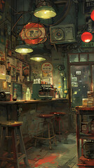 A cozy, vintage caf? interior with eclectic decor and warm lighting.