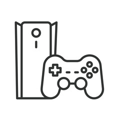 Home video game console, icon in line design. Home video game console, gaming, controller, entertainment, joystick, console, play on white background vector. Home video game console editable stroke