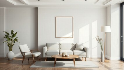 Fototapeta premium Modern Living Room Decor: Minimalist Design with White Furniture, Natural Light, and Cozy Atmosphere