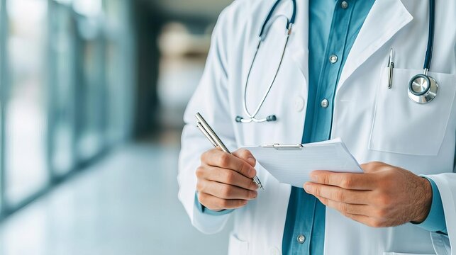 Radiologist dictating notes while reviewing medical images, diagnostics, analysis