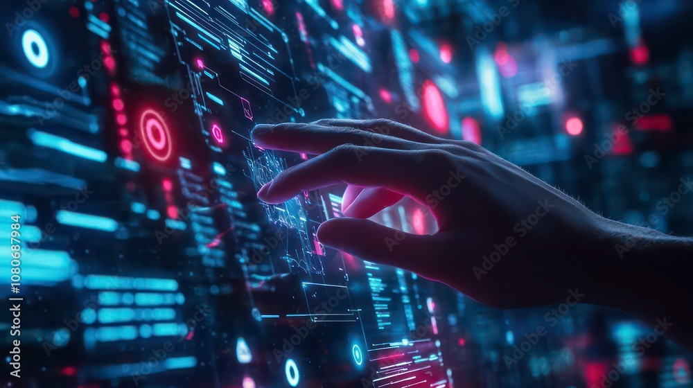 Poster Futuristic Hand Interacting with Digital Interface in a Connected IoT Environment, Big Data Network Technology, Evening Mood