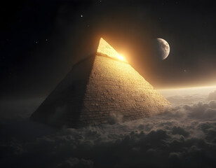 Photo capturing a surreal scene of an ancient Egyptian pyramid floating in the vast expanse of outer space. The pyramid, illuminated by the distant sun