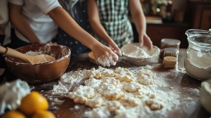 Family baking Christmas cookies in a cozy kitchen, flour and ingredients scattered around