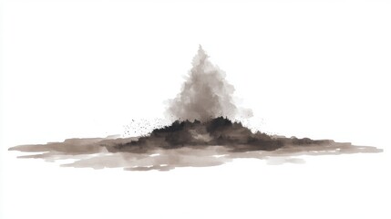 Mountain silhouette with mist and clouds on a white isolated background.